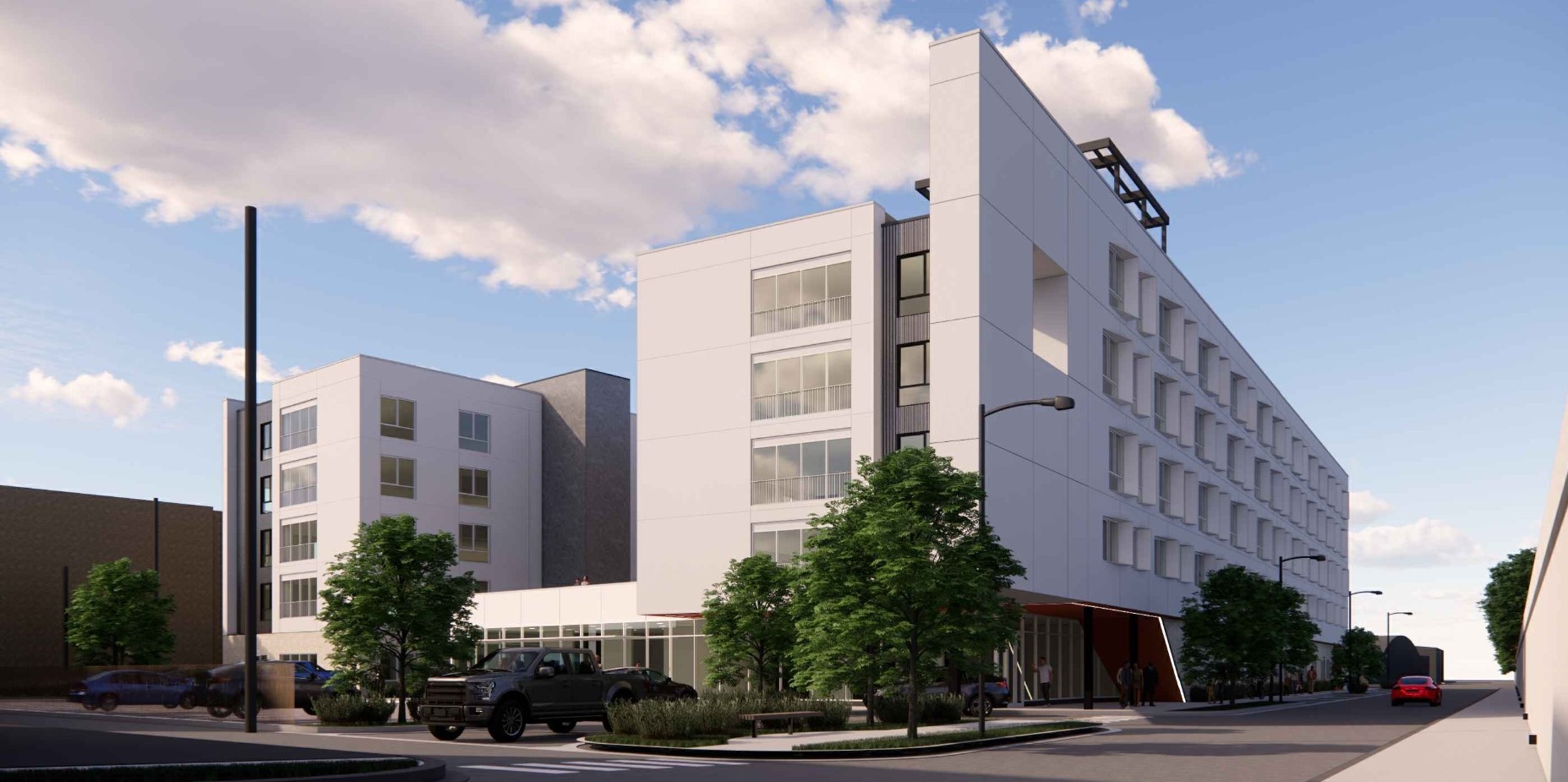 A rendering showing the new five-story apartment building. 